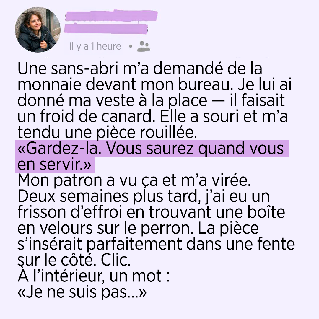 Jai donne ma veste a une sans abri deux semaines plus tard une boite en velours a change ma vie